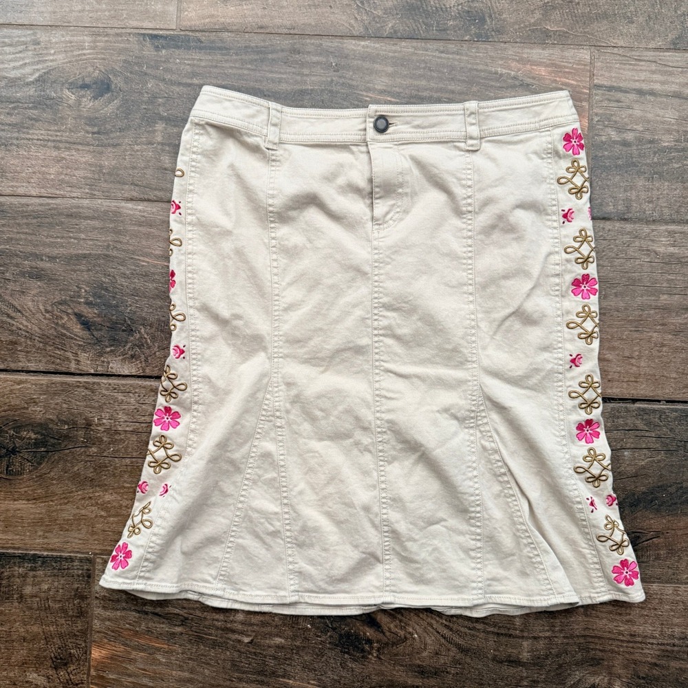 Jones Wear Jeans‎ Vintage 90s Embroidered Floral A-Line Skirt,Khaki, 10